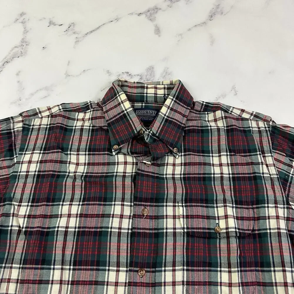 Lands End Mens Vintage 90s Plaid Shirt Size L Red Green Wool Cotton Blend - Picture 2 of 11